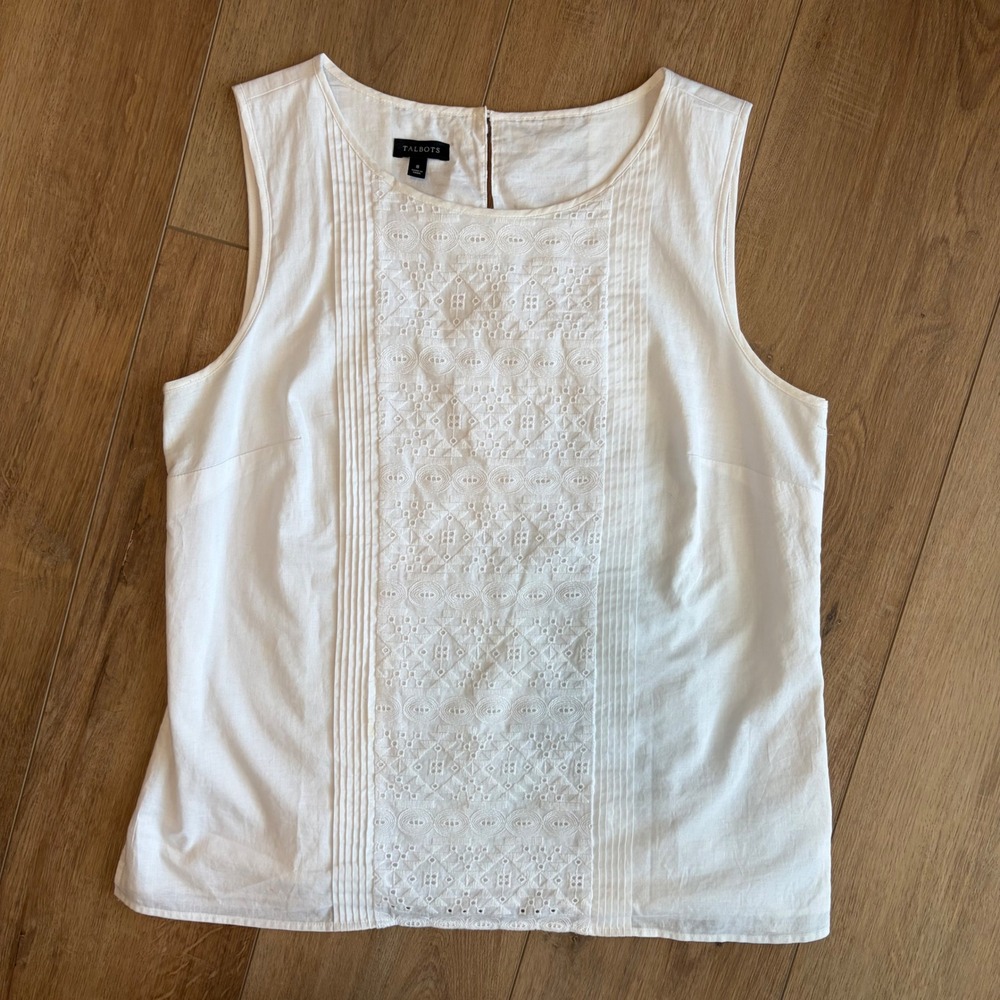 Talbots Sz 8 Womens White Cotton Eyelet Embroidered Pintuck Sleeveless Shell Top